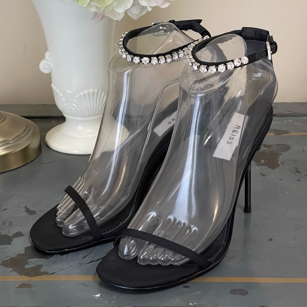 Reiss Black Carey Pin Heel Sandals Sz 37 | 6.5 US Stilettos Rhinestones Strap